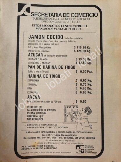 CARTEL ANTIGUO ORIGINAL DE SECRETARIA DE COMERCIO 1980 PRECIOS DE BASICOS /21