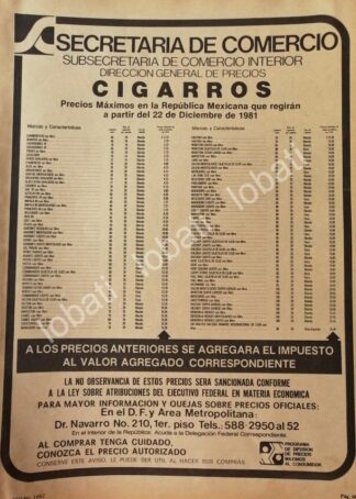 CARTEL ANTIGUO ORIGINAL DE SECRETARIA DE COMERCIO 1980 PRECIOS DE CIGARROS /20