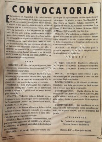 CARTEL ANTIGUO ORIGINAL DE CONVOCATORIA. 3ER CONCURSO ISSSTE DE CARICATURA 1981
