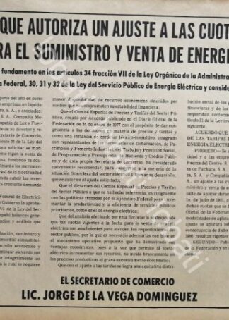 CARTEL ANTIGUO ORIGINAL DE AJUSTE DE PRECIOS. SECRETARIA DE ENERGIA 1981 /75
