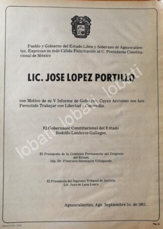 CARTEL ANTIGUO ORIGINAL DE AGUASCALIENTES FELICITA A JOSE LOPEZ PORTILLO 1981 /70