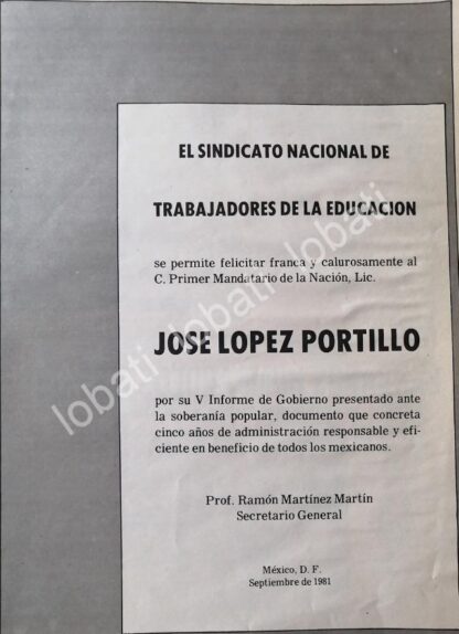 CARTEL ANTIGUO ORIGINAL DE SINDICATO DE MAESTROS FELICITA A JOSE LOPEZ PORTILLO 1981 /69