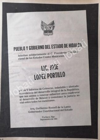 CARTEL ANTIGUO ORIGINAL DE GOBIERNO DE HIDALGO FELICITA A JOSE LOPEZ PORTILLO 1981 /68