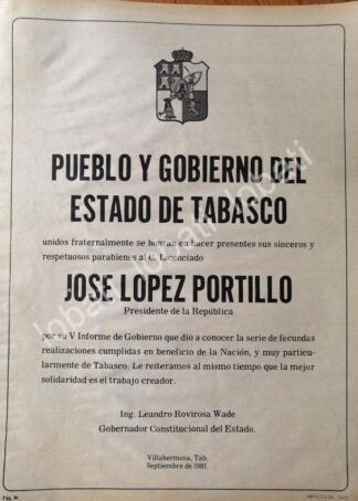 CARTEL ANTIGUO ORIGINAL DE GOBIERNO DE TABASCO FELICITA A JOSE LOPEZ PORTILLO 1981 /67