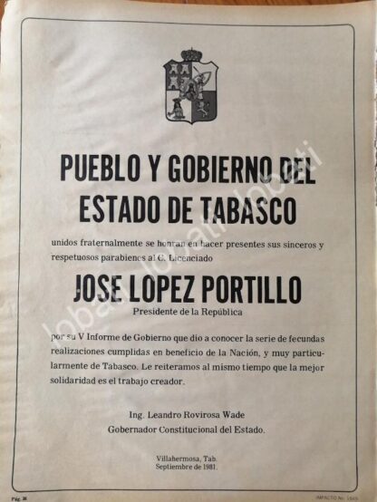 CARTEL ANTIGUO ORIGINAL DE GOBIERNO DE TABASCO FELICITA A JOSE LOPEZ PORTILLO 1981 /67