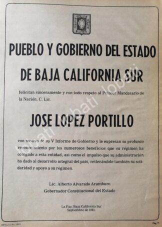 CARTEL ANTIGUO ORIGINAL DE BAJA CALIFORNIA SUR FELICITA A JOSE LOPEZ PORTILLO 1981 /66