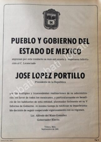 CARTEL ANTIGUO ORIGINAL DE ESTADO DE MEXICO FELICITA A JOSE LOPEZ PORTILLO 1981 /64