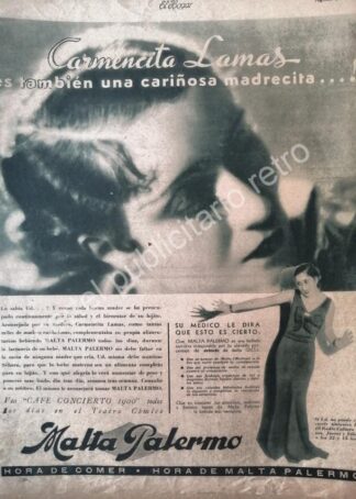 CARTEL ANTIGUO ORIGINAL DE CERVEZA MALTA PALERMO Y CARMEN LAMAS 1934 FEP