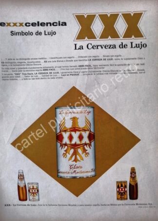 CARTEL ANTIGUO ORIGINAL DE CERVEZA XXX 1960s CERVECERIA MOCTEZUMA