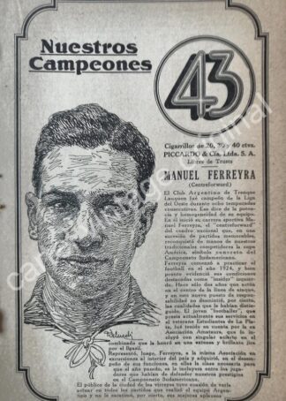 CARTEL ANTIGUO ORIGINAL DE CIGARROS 43. Y FUTBOLISTA MANUEL FERREYRA 1920s FEP