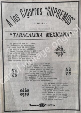 CARTEL ANTIGUO ORIGINAL DE CIGARROS SUPREMOS. TABACALERA MEXICANA S.A 1912