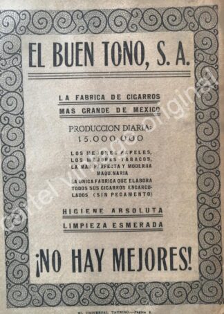 CARTEL ANTIGUO ORIGINAL DE CIGARRERA EL BUEN TONO S.A 1922