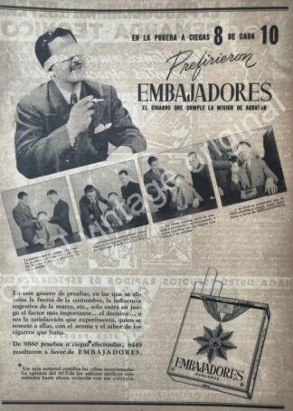 CARTEL ANTIGUO ORIGINAL DE CIGARROS EMBAJADORES 1942