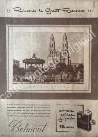 CARTEL ANTIGUO ORIGINAL DE CIGARROS BELMONT Y PLAZA PRINCIPAL DE CHIHUAHUA 1951