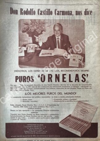 CARTEL ANTIGUO ORIGINAL DE PUROS ORNELAS CON RODOLFO CASTILLO CARMONA 1960s