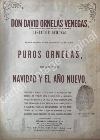 CARTEL ANTIGUO ORIGINAL DE CIGARROS PUROS ORNELAS 1960s /RARO