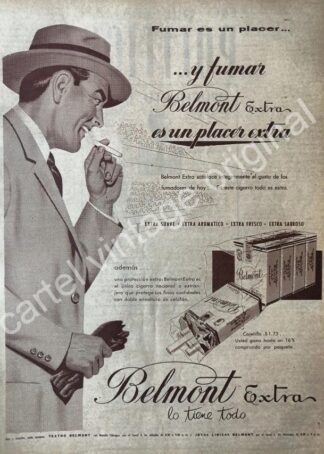 CARTEL ANTIGUO ORIGINAL DE CIGARROS BELMONT EXTRA 1950s