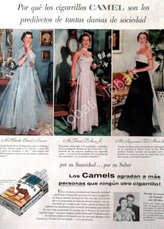 CARTEL ANTIGUO ORIGINAL DE CIGARROS CAMEL Y DAMAS DE LA ALTA SOCIEDAD DE N.Y 1950s