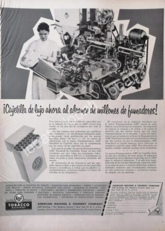 CARTEL ANTIGUO ORIGINAL DE MAQUINA PARA HACER CIGARROS AMERICAN MACHINES 1956 /raro