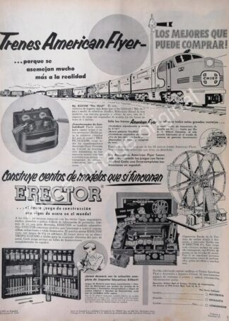 CARTEL ANTIGUO ORIGINAL DE TRENES DE LAMINA AMERICAN FLYER 1954 MODELOS ERECTOR