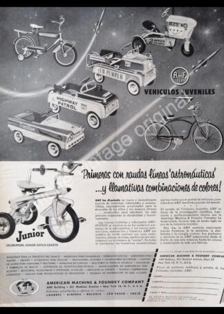 CARTEL ANTIGUO ORIGINAL DE TRICICLOS Y CARRITOS DE LAMINA AMERICAN MACHINE 1958