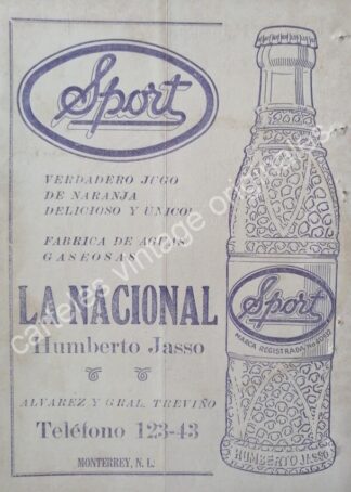 CARTEL ANTIGUO ORIGINAL DE REFRESCO SPORT, MONTERREY 1943 MUY RARO