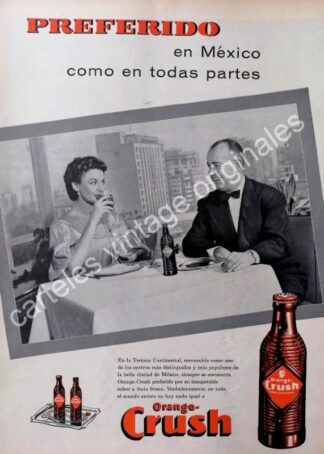 CARTEL ANTIGUO ORIGINAL DE REFRESCO ORANGE CRUSH Y HOTEL CONTINENTAL 1955 / RARO