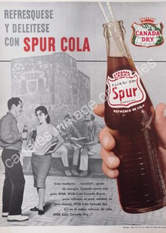 CARTEL ANTIGUO ORIGINAL DE REFRESCO CANADA DRY SPUR COLA Y LA BIBLIOTECA UNAM 1960