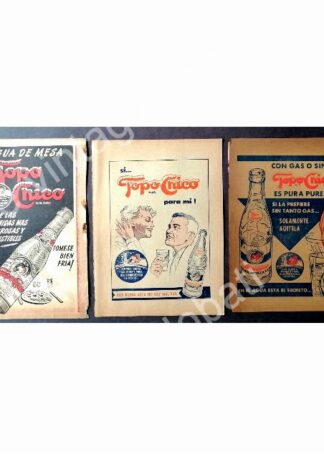 CARTEL ANTIGUO ORIGINAL DE SET DE 3 AFICHES AGUA MINERAL TOPO CHICO 40s & 50s /3