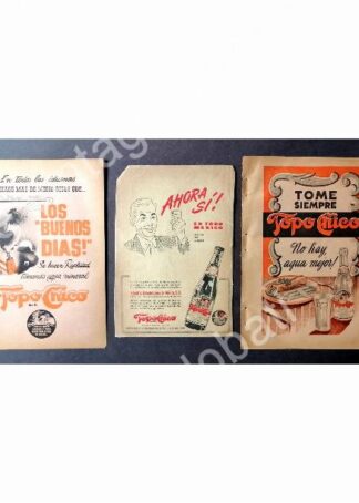 CARTEL ANTIGUO ORIGINAL DE SET DE 3 AFICHES AGUA MINERAL TOPO CHICO 1940s & 50s