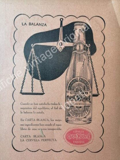 CARTEL ANTIGUO ORIGINAL DE SET DE 3 AFICHES CERVEZA CARTA BLANCA 50s & 60s - Image 4