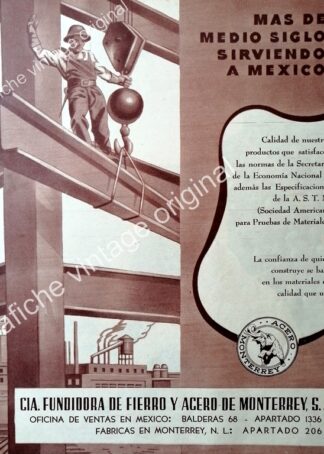 CARTEL ANTIGUO ORIGINAL DE COMPAÑIA FUNDIDORA DE FIERRO Y ACERO DE MONTERREY 1956