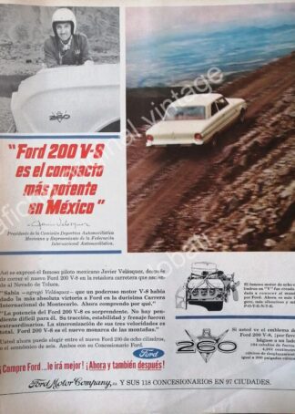 CARTEL ANTIGUO ORIGINAL DE PILOTO JAVIER VELAZQUEZ Y AUTOS FORD 200 V-8 /FEP RARO