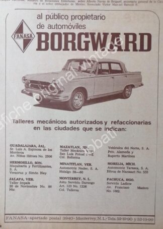 CARTEL ANTIGUO ORIGINAL DE AUTOS BORGWARD 1971 MONTERREY, MEXICO