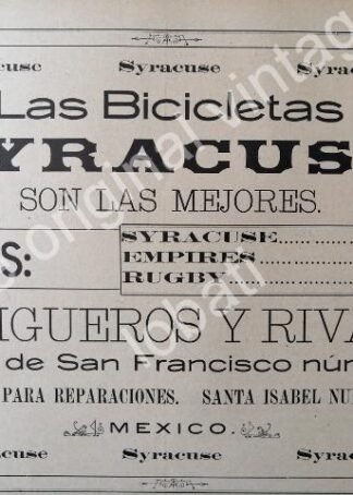 CARTEL ANTIGUO ORIGINAL DE BICICLETAS CYRACUSE Y OTROS 1895 / MUY RARO