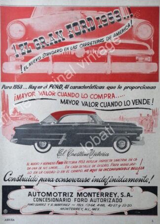 CARTEL ANTIGUO ORIGINAL DE AUTOS FORD CRESLINE 1953. AUTOMOTRIZ MONTERREY S.A