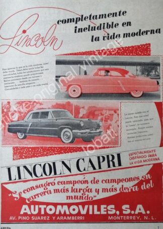 CARTEL ANTIGUO ORIGINAL DE AUTO LINCOLN CAPRI 1953 AUTOMOVILES S.A MONTERREY