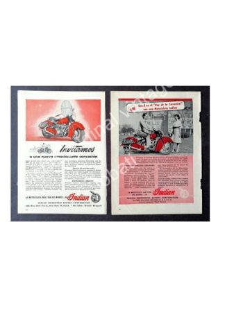 CARTEL ANTIGUO ORIGINAL DE 2 AFICHES DE MOTOCICLETAS INDIAN 1940s