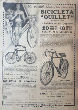 CARTEL ANTIGUO ORIGINAL DE BICICLETAS QUILLET 1930