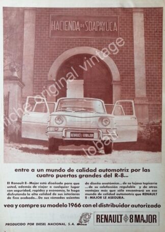 CARTEL ANTIGUO ORIGINAL DE AUTOS RENAULT 8 MAJOR HACIENDA DE SOAPAYUCA 1966. DINA