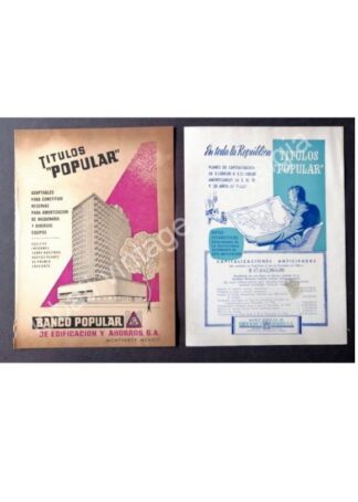 CARTEL ANTIGUO ORIGINAL DE 2 AFICHES, BANCO POLULAR MONTERREY 1950s AMBOS LADOS