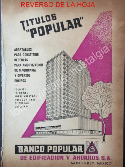 CARTEL ANTIGUO ORIGINAL DE 2 AFICHES, BANCO POLULAR MONTERREY 1950s AMBOS LADOS - Image 5