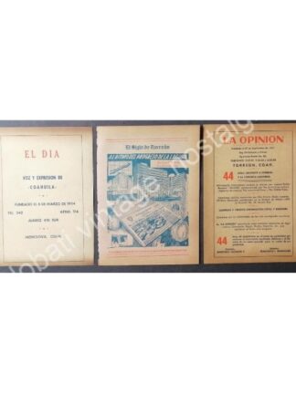CARTEL ANTIGUO ORIGINAL DE SET DE 3 CARTELES DE PERIODICOS DE COAHUILA 1960s
