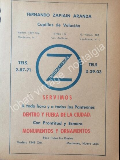 CARTEL ANTIGUO ORIGINAL DE SET DE 3 AFICHES FUNERALES ZAPIAIN MONTERREY AÑOS 50s 60s - Image 2