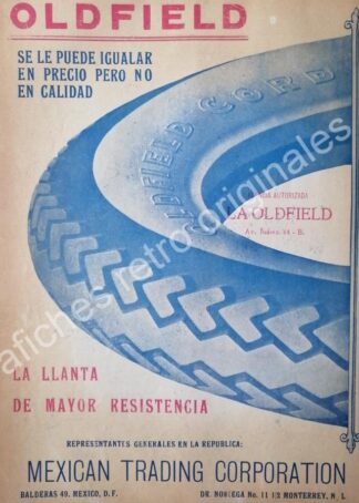CARTEL ANTIGUO ORIGINAL DE LLANTAS OLDFIELD 1922. MEXICAN TRADING CORPORATION /RARO