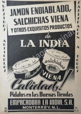 CARTEL ANTIGUO ORIGINAL DE EMPACADORA LA INDIA 1942 MONTERREY / MUY RARO