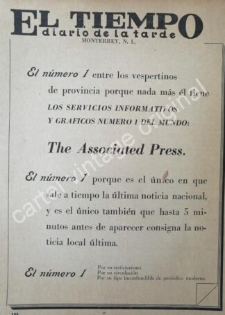 CARTEL ANTIGUO ORIGINAL DE PERIODICO EL TIEMPO 1942 DE MONTERREY