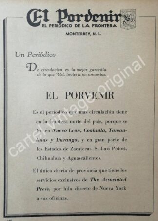 CARTEL ANTIGUO ORIGINAL DE PERIODICO EL PORVENIR 1942 MONTERREY