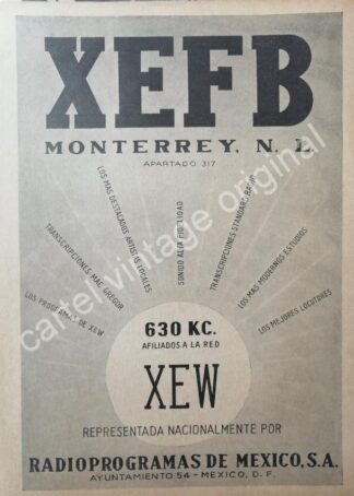 CARTEL ANTIGUO ORIGINAL DE ESTACION DE RADIO XEFB MONTERREY 1941