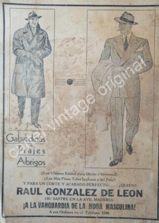 CARTEL ANTIGUO ORIGINAL DE SASTRERIA DE RAUL GONZALEZ DE LEON 1942 MONTERREY